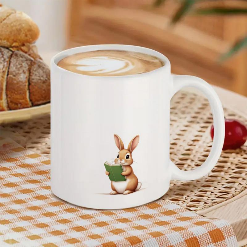 Tailorly White Ceramic 11 oz Mug - Adorable Little Brown Bunny Holding A Green Book Reading Peacefully Rabbit