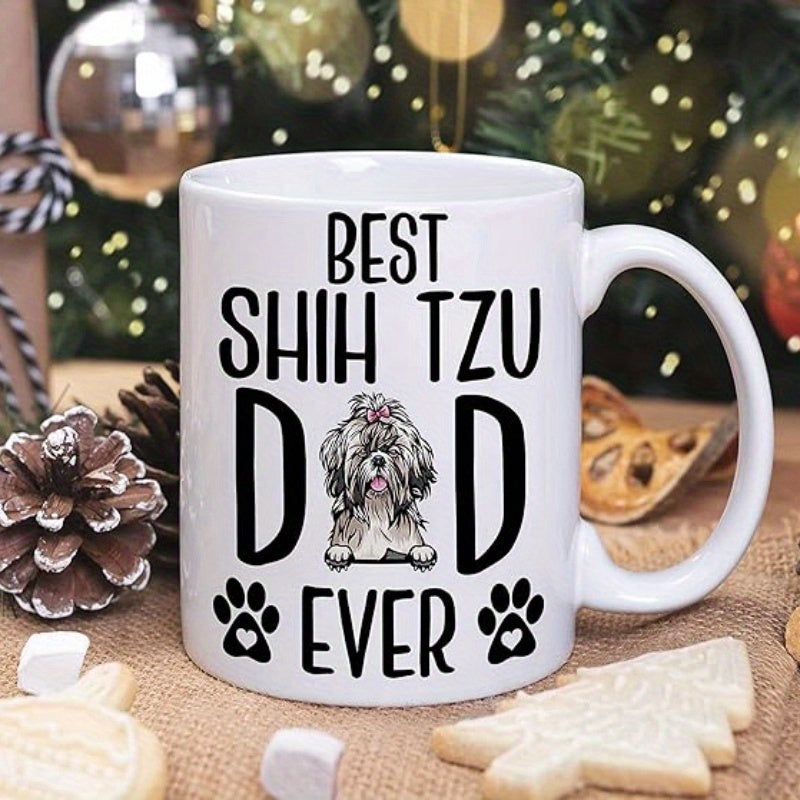 Tailorly White Ceramic 11 oz Mug - Best Shih Tzu Dad Ever Realistic Sketch Of Small Fluffy Puppy With Little Black Paw Prints Dog