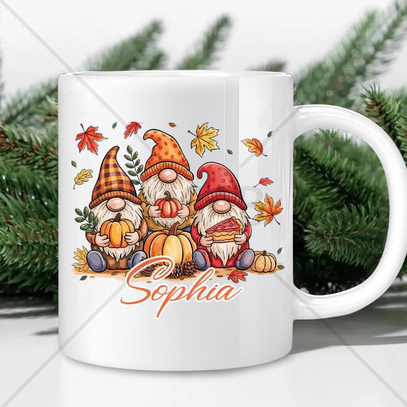 Tailorly White Ceramic 11 oz Mug - Sophia Three Autumn Gnomes Holding Pumpkins Surrounded By Falling Colorful Maple Leaves Gnome