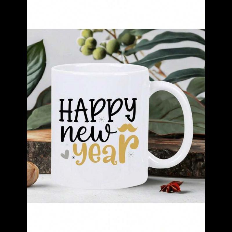Tailorly White Ceramic 11 oz Mug - Happy New Year Elegant Handwritten Typography Featuring Golden Shimmering Mustache And Grey Heart Mug