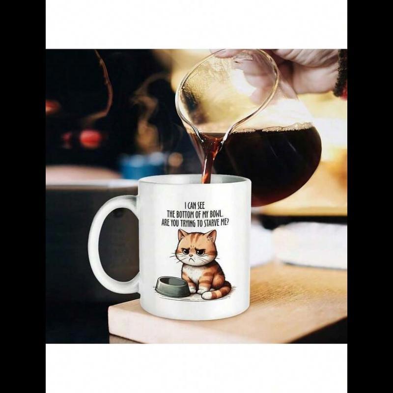Tailorly White Ceramic 11 oz Mug - I Can See The Bottom Of My Bowl Are You Trying To Starve Me Sitting Beside An Empty Gray Bowl In A Grumpy Manner Cat