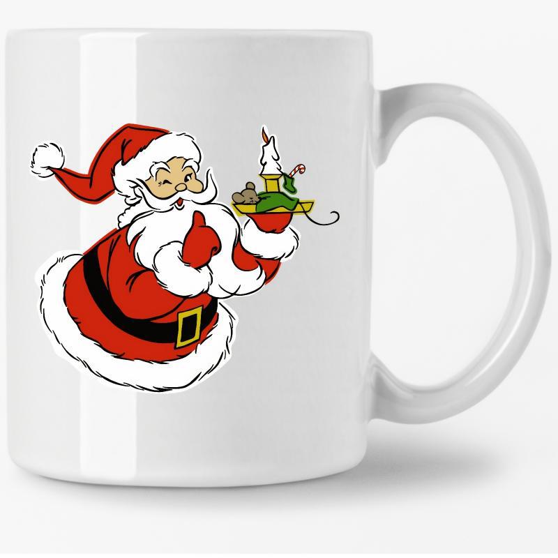 Tailorly White Ceramic 11 oz Mug - Festive Jolly Cartoon Character Carrying Glowing Candle Plate Under Holiday Atmosphere Santa Claus