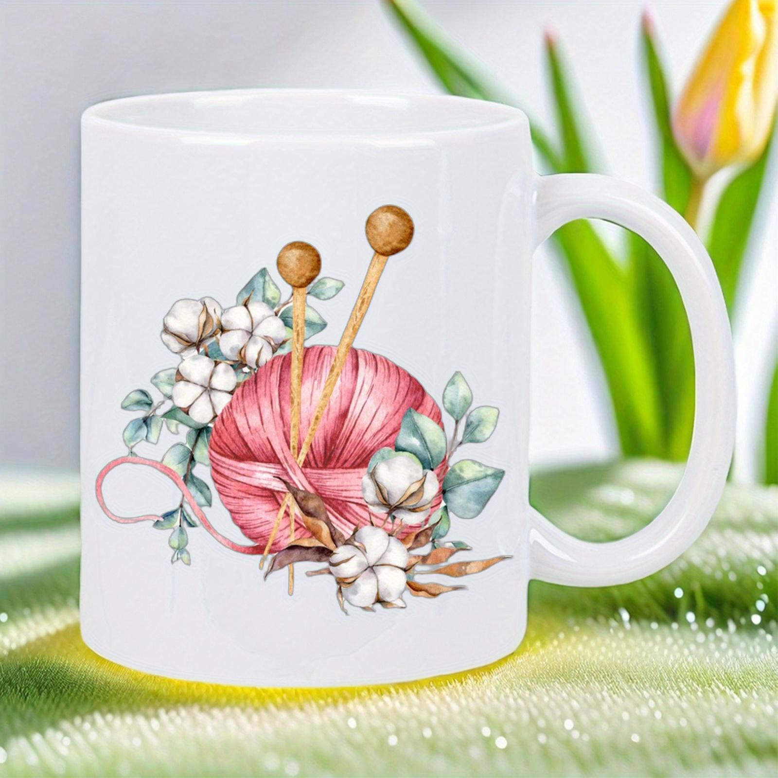 Tailorly White Ceramic 11 oz Mug - Soft Pink Watercolor Wool Ball With Wooden Knitting Needles And Cotton Yarn