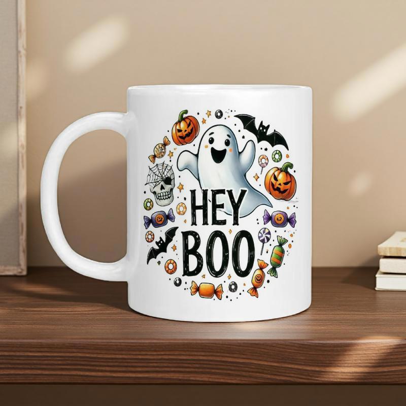 Tailorly White Ceramic 11 oz Mug - Hey Boo Cute Smiling Ghost Surrounded By Pumpkins Bats And Colorful Halloween Candies Ghost