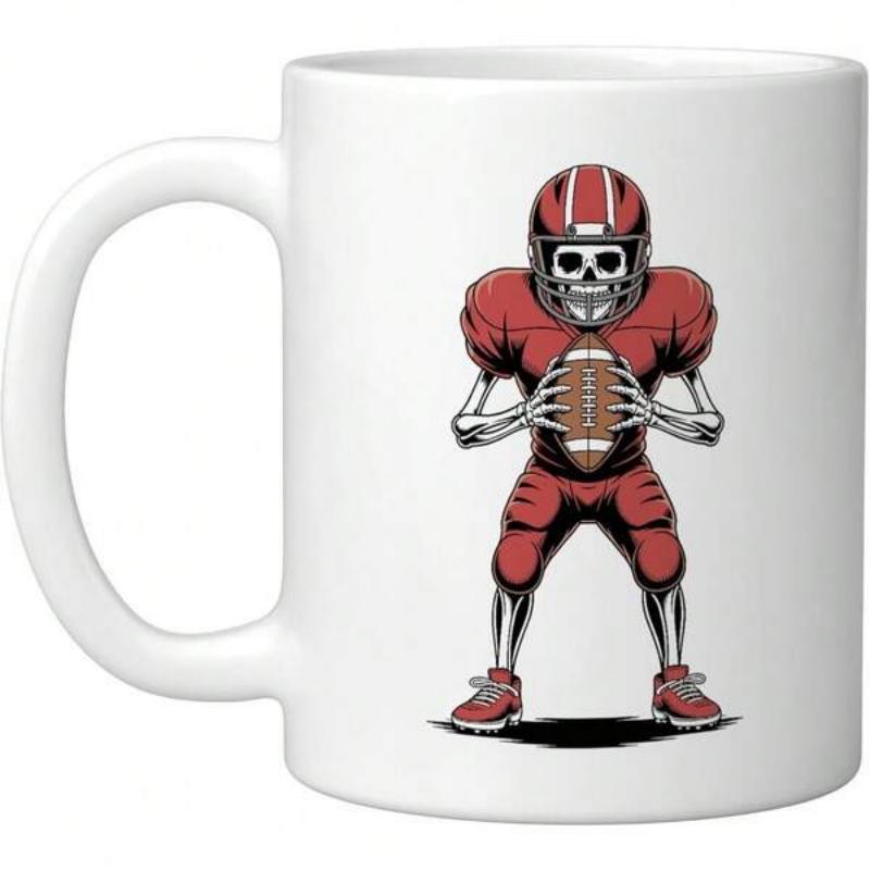 Tailorly White Ceramic 11 oz Mug - Crimson Football Player Wearing Protective Gear Holding A Textured Brown Ball Skeleton