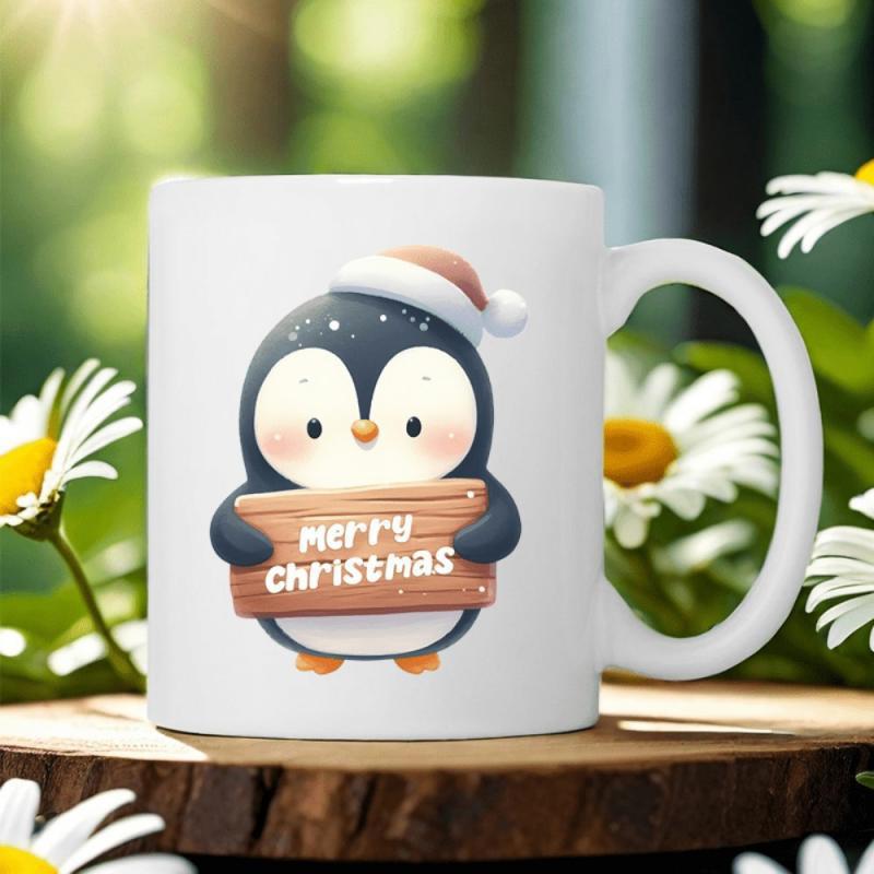 Tailorly White Ceramic 11 oz Mug - Merry Christmas Small Adorable Cartoon Penguin Wearing Santa Hat Holding Rustic Wooden Sign Penguin