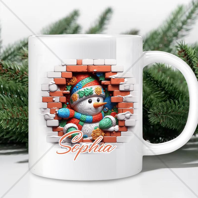 Tailorly White Ceramic 11 oz Mug - Sophia Adorable Winter Character Wearing Colorful Scarf Peeking Through Red Brick Snowman
