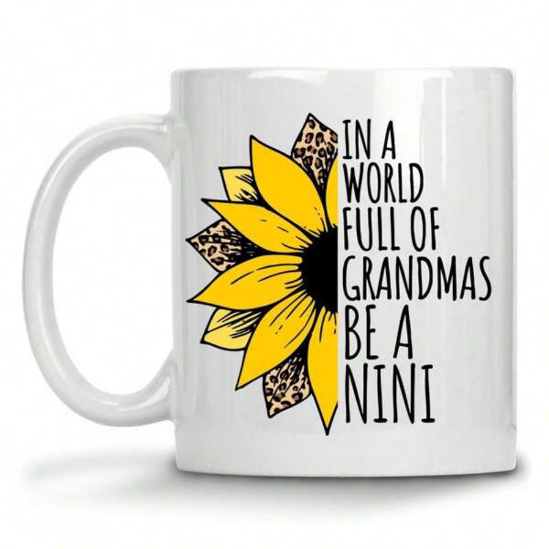 Tailorly White Ceramic 11 oz Mug - In A World Full Of Grandmas Be A Nini Artistic Half Petals With Leopard Pattern Accents Under Bright White Light Sunflower