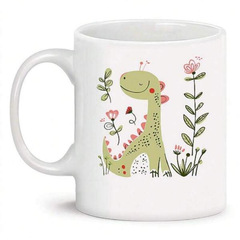 Tailorly White Ceramic 11 oz Mug - Adorable Little Green Creature Smiling Among Colorful Garden Blooms And Botanical Leaves Dinosaur