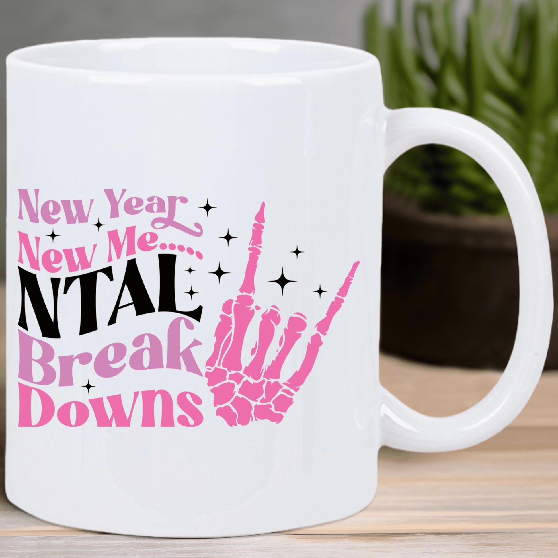 Tailorly White Ceramic 11 oz Mug - New Year New Me Ntal Break Downs Pink Stylized Bony Skeleton Hand With Small Twinkling Stars Hand