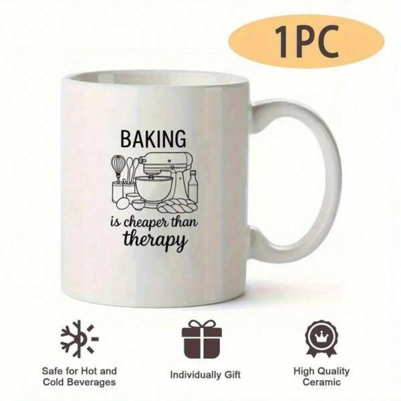 Tailorly White Ceramic 11 oz Mug - Baking Is Cheaper Than Therapy Artistic Line Drawing Of Kitchen Utensils Including Bowl And Stand Mixer
