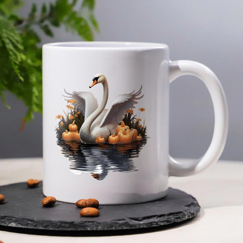 Tailorly White Ceramic 11 oz Mug - Graceful White Wings Spreading Over Shimmering Dark Water Reflecting Majestic Swan