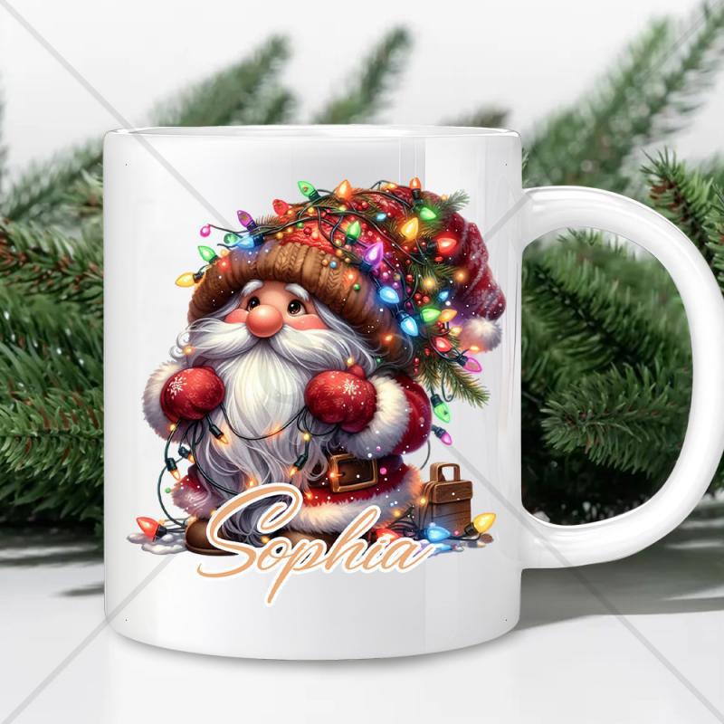 Tailorly White Ceramic 11 oz Mug - Sophia Adorable Christmas Figure Adorned With Vibrant Multicolored Twinkling Holiday String Lights Gnome