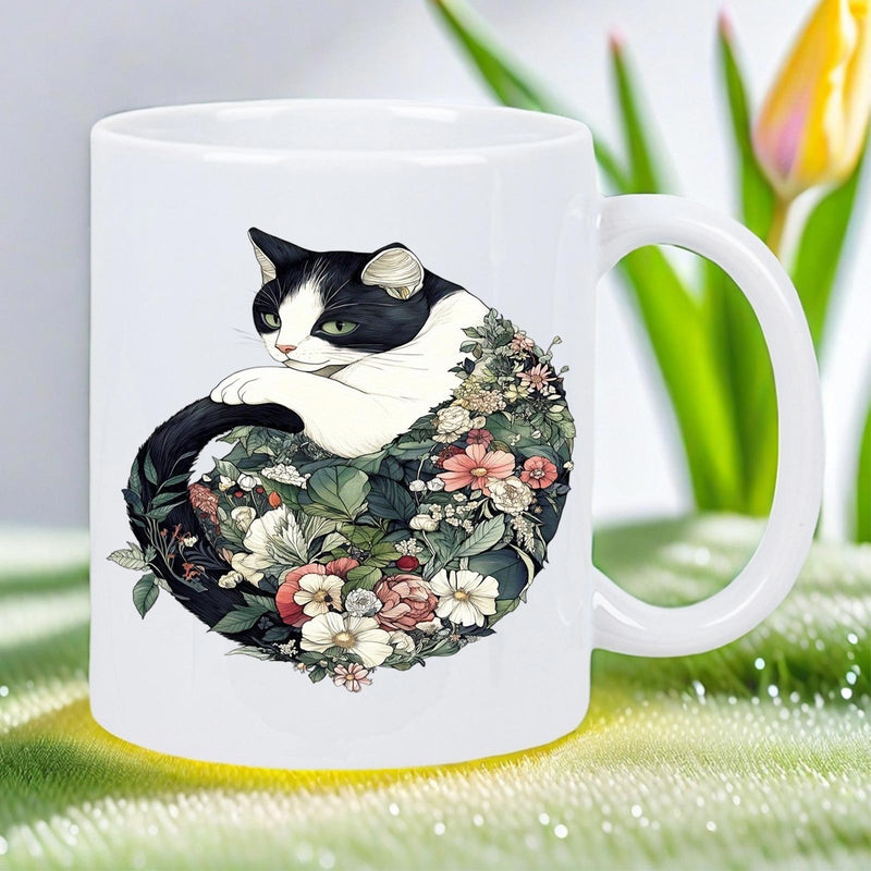 Tailorly White Ceramic 11 oz Mug - Elegant Black And White Feline Resting Amidst Vibrant Blooming Garden Flowers Cat