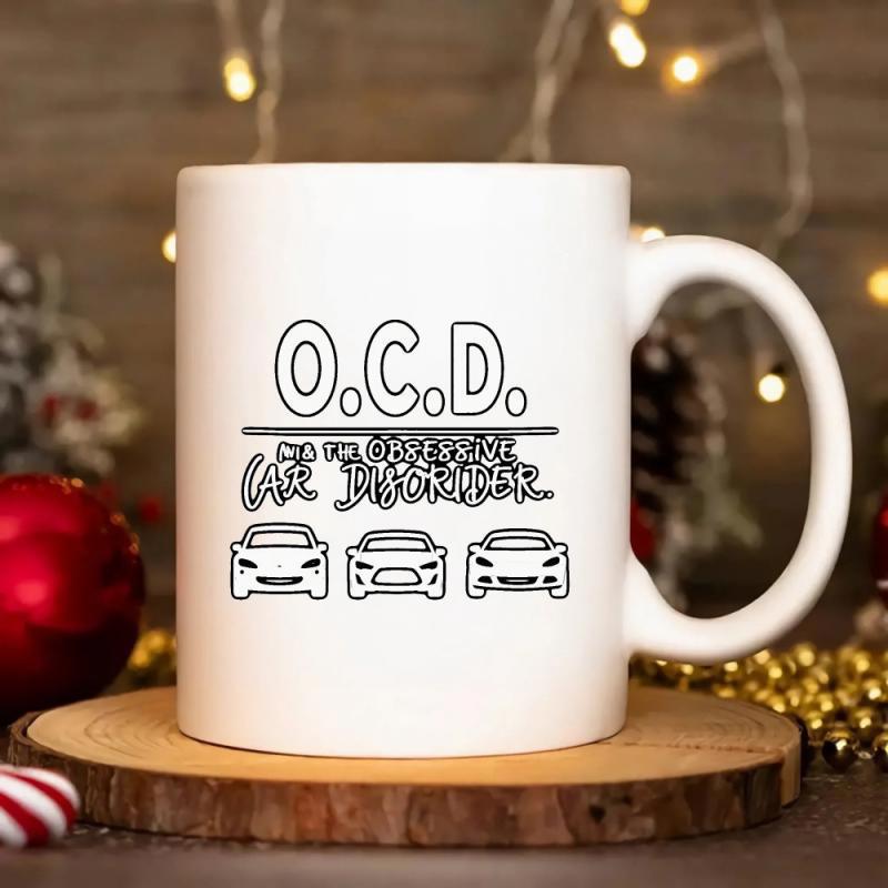 Tailorly White Ceramic 11 oz Mug - O C D Obsessive Car Disorder Minimalist Outlines Of Three Sporty Vehicles Parked Together Car