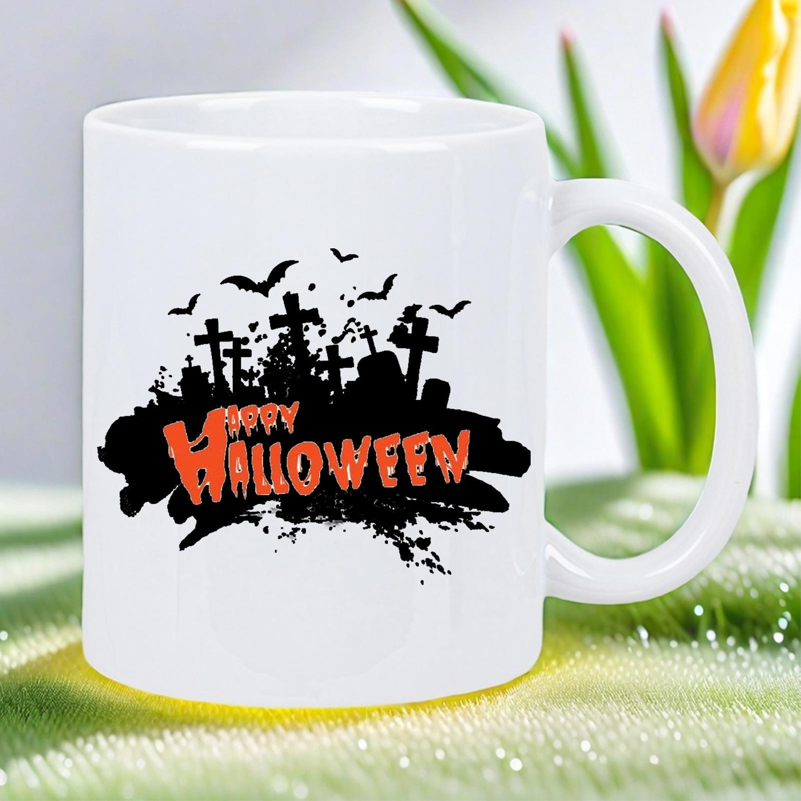 Tailorly White Ceramic 11 oz Mug - Happy Halloween Spooky Cemetery Silhouette With Bats Flying Over A Graveyard