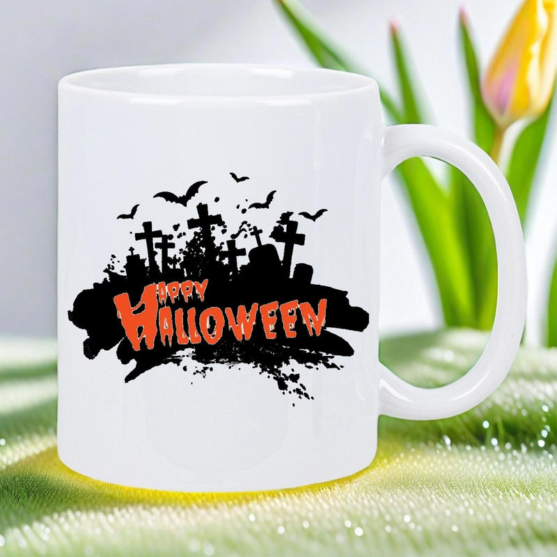 Tailorly White Ceramic 11 oz Mug - Happy Halloween Spooky Cemetery Silhouette With Bats Flying Over A Graveyard