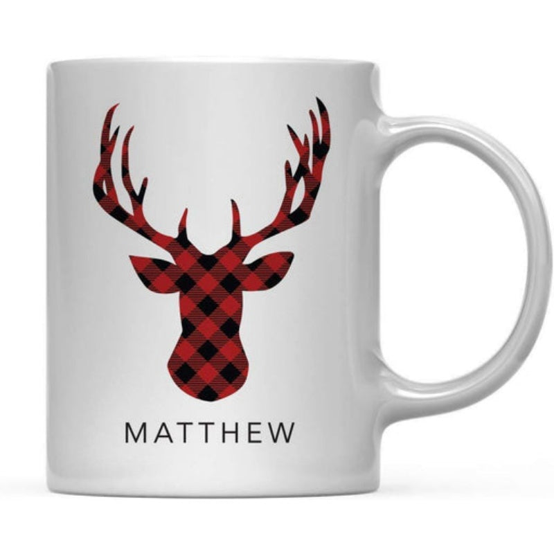 Tailorly White Ceramic 11 oz Mug - Matthew Red Black Buffalo Plaid Pattern On A Rustic Stag Silhouette Deer