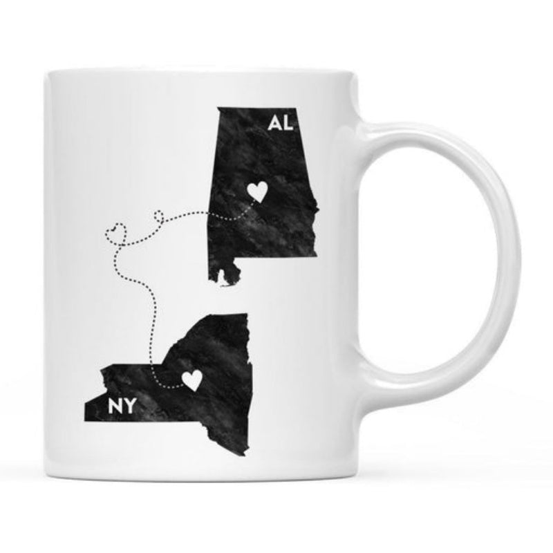 Tailorly White Ceramic 11 oz Mug - AL NY Black Textured State Silhouettes Connected By A Delicate Dotted Heart Line Map