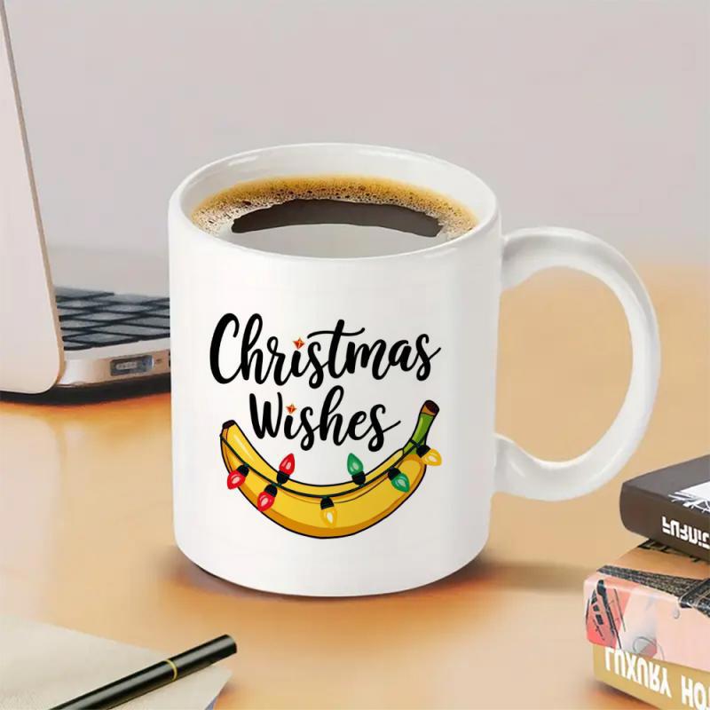 Tailorly White Ceramic 11 oz Mug - Christmas Wishes Yellow Ripe Fruit Wrapped With Colorful Glowing Festive Holiday String Lights Banana