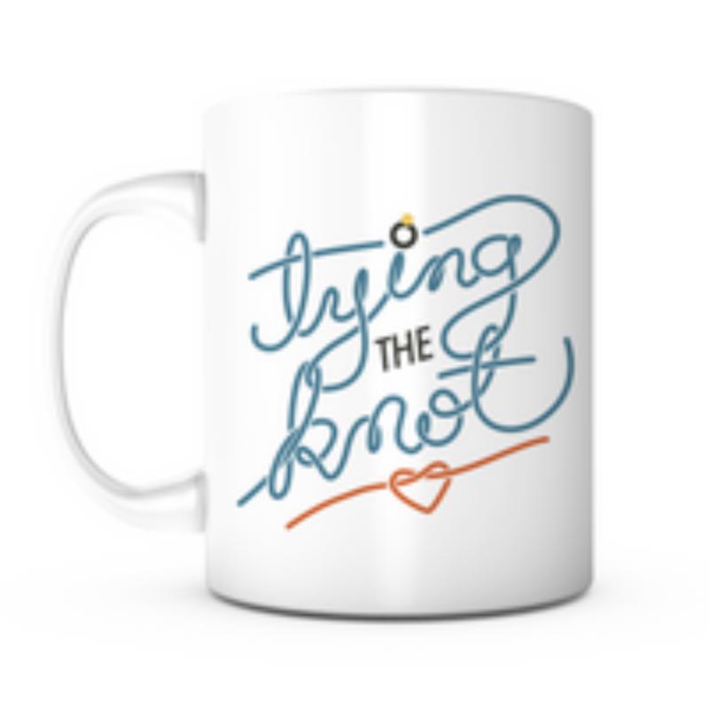 Tailorly White Ceramic 11 oz Mug - Tying The Knot Elegant Swirling Cursive Script With A Tiny Ring And Red Heart Mug