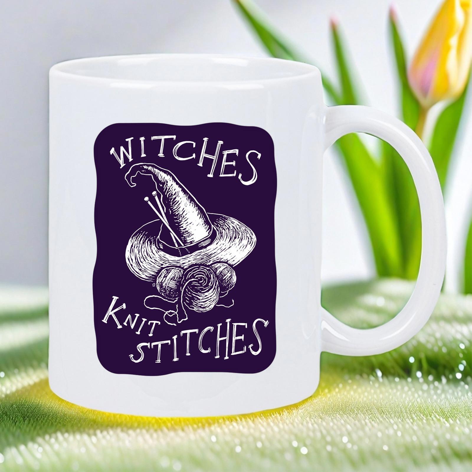 Tailorly White Ceramic 11 oz Mug - Witches Knit Stitches Hand Drawn Witch Hat With Knitting Needles Among Soft Yarn Balls Hat