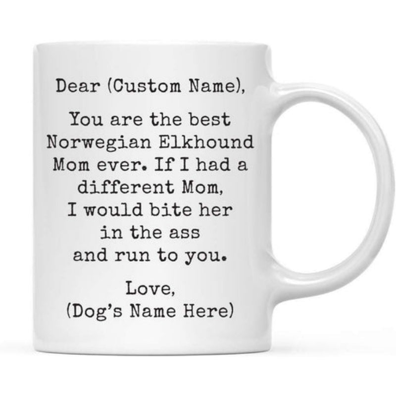 Tailorly White Ceramic 11 oz Mug - Norwegian Elkhound Mom Ever White Ceramic Material Featuring Classic Typewriter Text Layout Design Mug