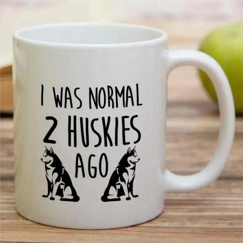 Tailorly White Ceramic 11 oz Mug - I Was Normal 2 Huskies Ago Two Loyal Sitting Siberian Huskies Silhouetted In Minimalist Black Ink Husky