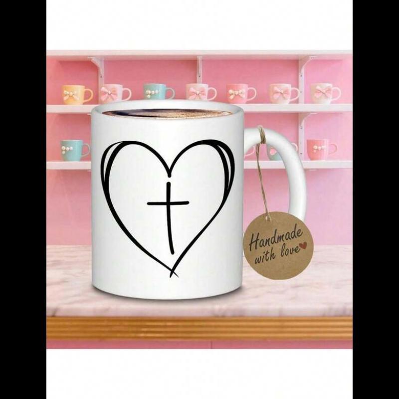 Tailorly White Ceramic 11 oz Mug - Handmade With Love Simple Minimalist Black Line Art Heart Encasing A Christian Faith Cross