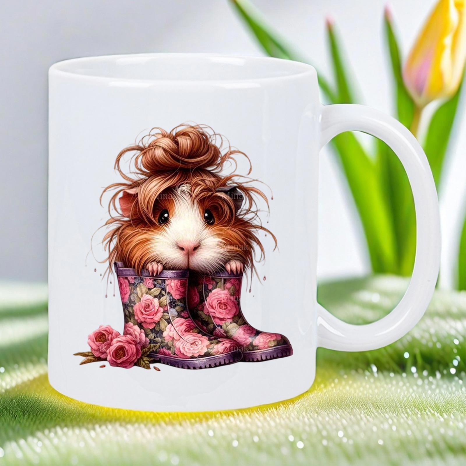 Tailorly White Ceramic 11 oz Mug - Adorable Fluffy Pet With Messy Bun Hair Inside Pink Rose Boots Guinea Pig