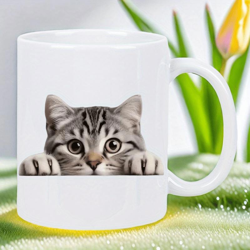 Tailorly White Ceramic 11 oz Mug - Adorable Grey Tabby Kitten Peeking Over Edge With Curious Wide Eyes Cat