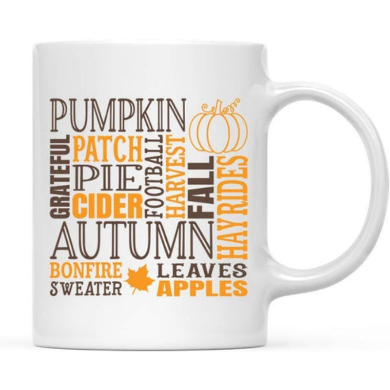 Tailorly White Ceramic 11 oz Mug - Pumpkin Patch Pie Cider Autumn Harvest Fall Leaves Apples Warm Seasonal Elements Featuring Minimalist Maple Leaf And Line Art