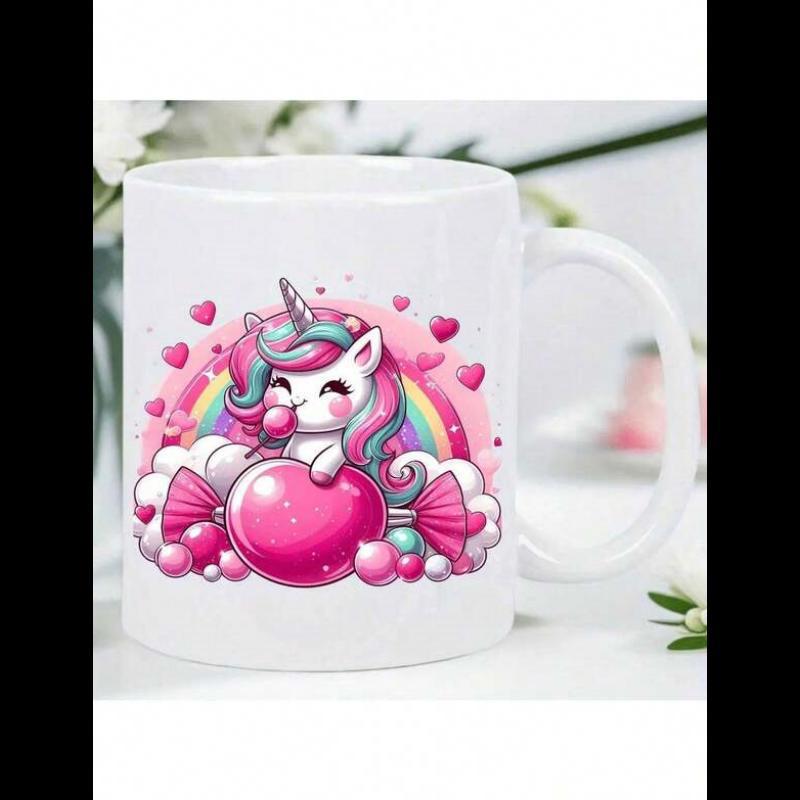Tailorly White Ceramic 11 oz Mug - Magical Rainbow Clouds Surrounded By Floating Hearts And Sweet Candy Unicorn