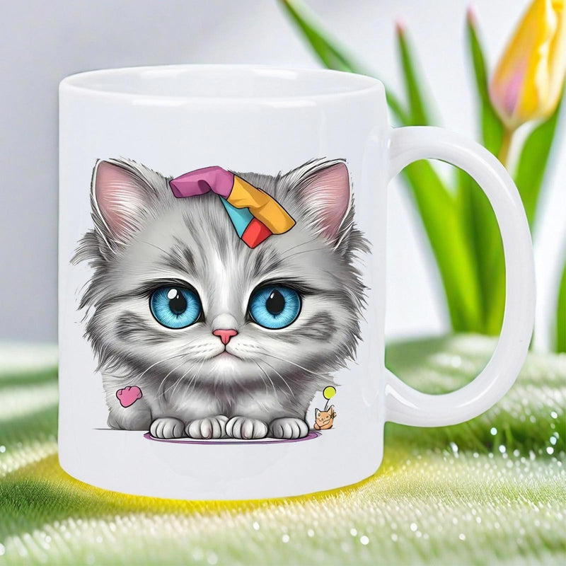 Tailorly White Ceramic 11 oz Mug - Adorable Fluffy Grey Kitten With Big Blue Eyes And Colorful Bow Cat