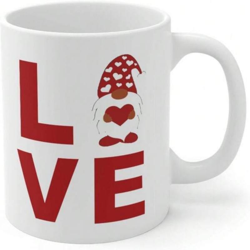 Tailorly White Ceramic 11 oz Mug - Love Adorable Valentine Gnome Holding A Red Heart Wearing Patterned Hat Gnome