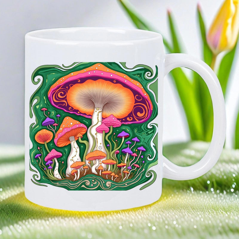 Tailorly White Ceramic 11 oz Mug - Psychedelic Garden With Swirling Green Waves And Vibrant Forest Mushroom
