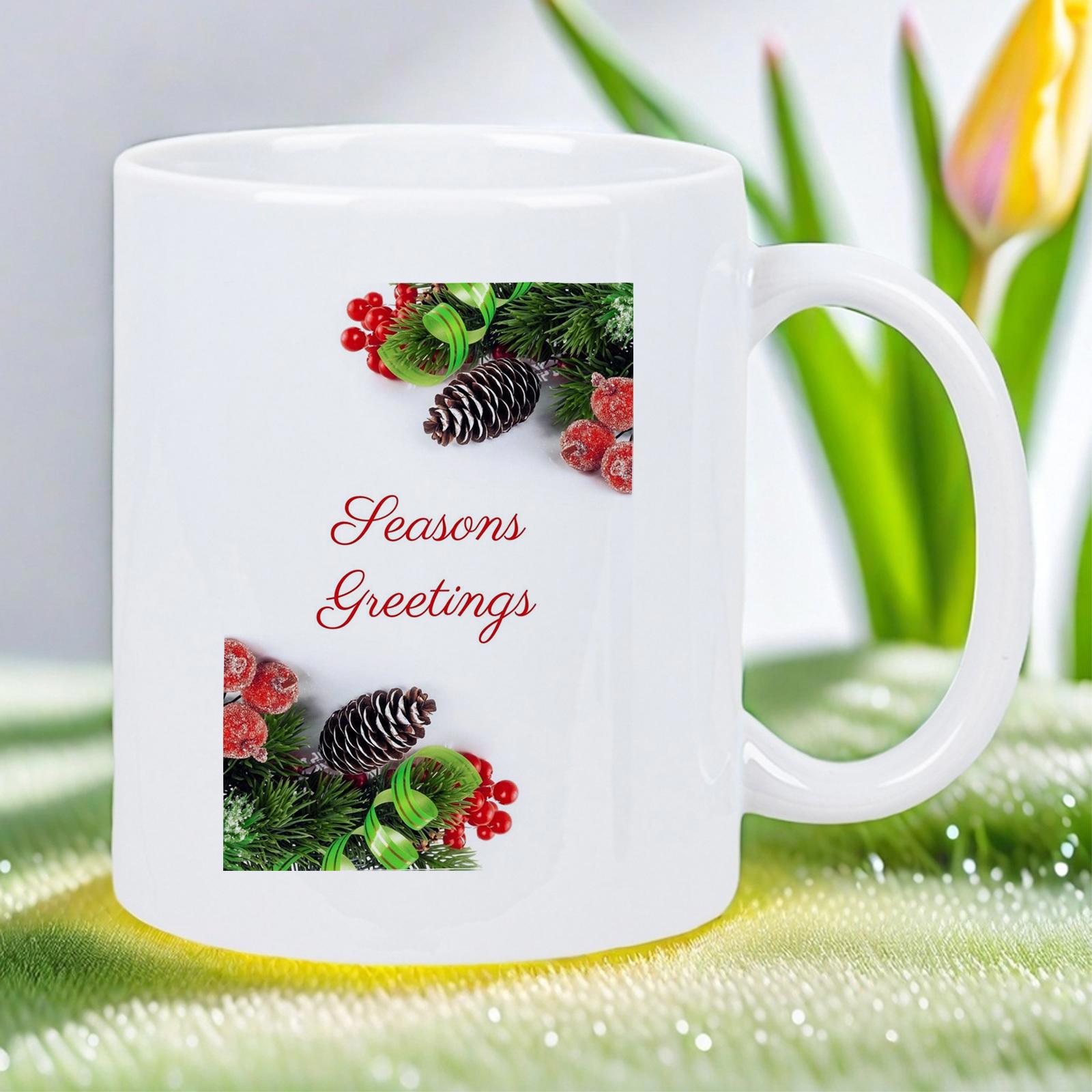 Tailorly White Ceramic 11 oz Mug - Seasons Greetings Festive Winter Pinecones With Red Berries And Evergreen Branches Mug