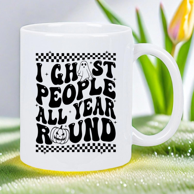 Tailorly White Ceramic 11 oz Mug - I Ghost People All Year Round Retro Wavy Style Typography With Small Icons And Checkerboard Ghost