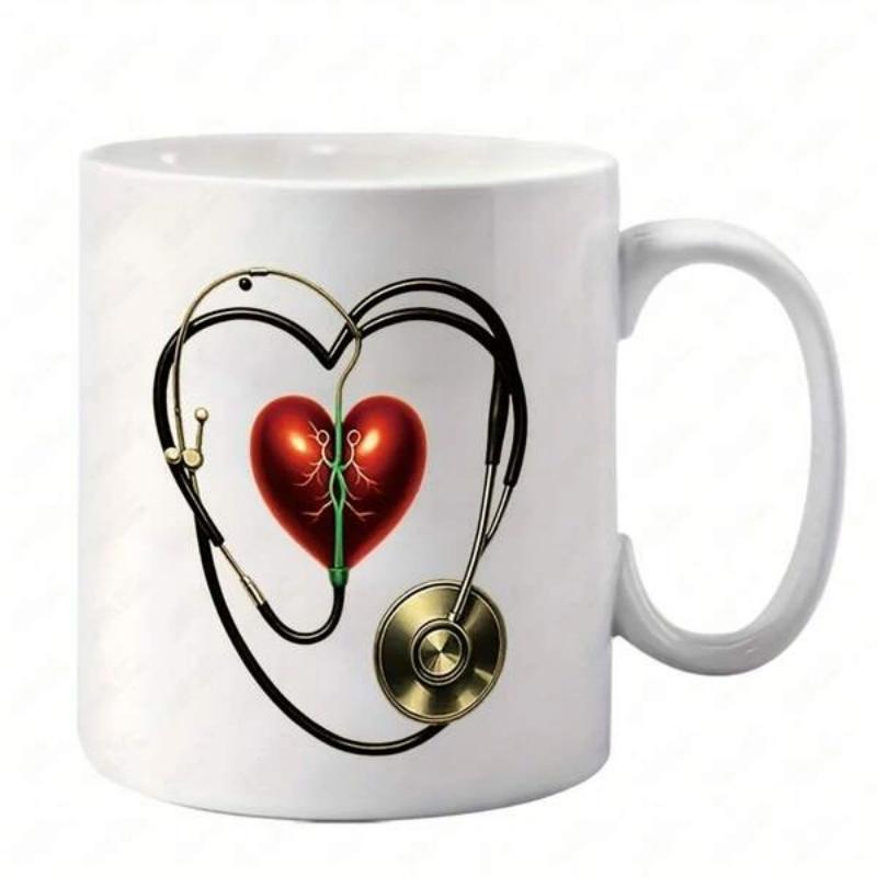 Tailorly White Ceramic 11 oz Mug - Elegant Black Stethoscope Forming Heart Shape Encircling Realistic Red Medical Heart