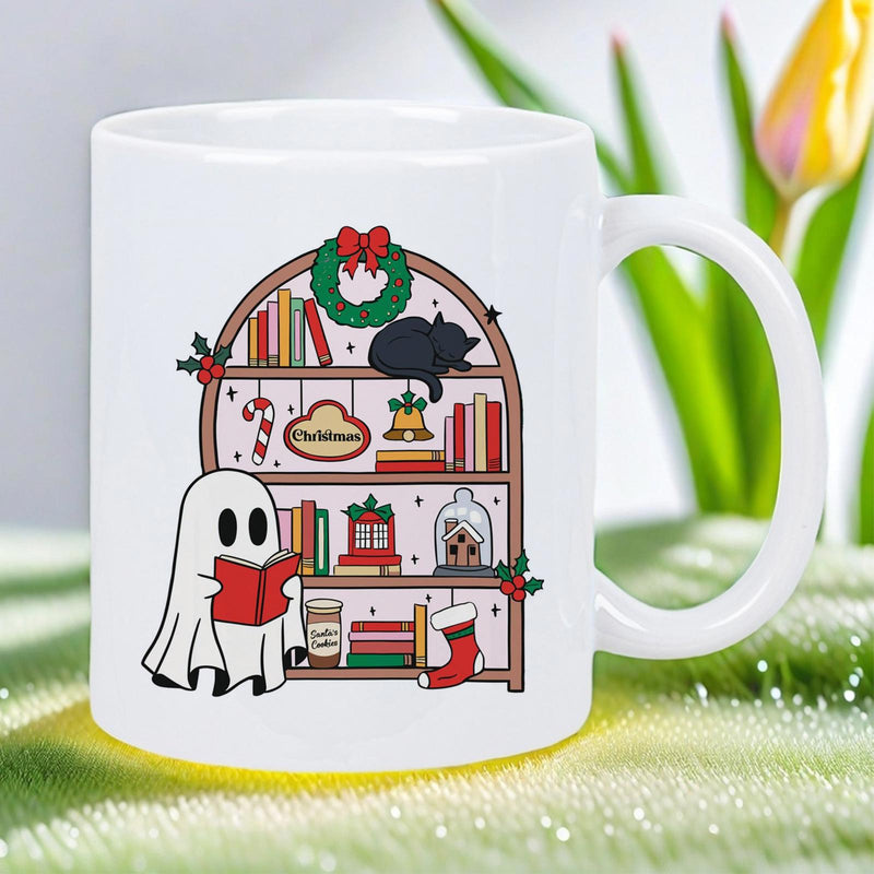 Tailorly White Ceramic 11 oz Mug - Christmas Cute Cartoon Character Reading Book Beside Festive Wooden Holiday Bookshelf Ghost