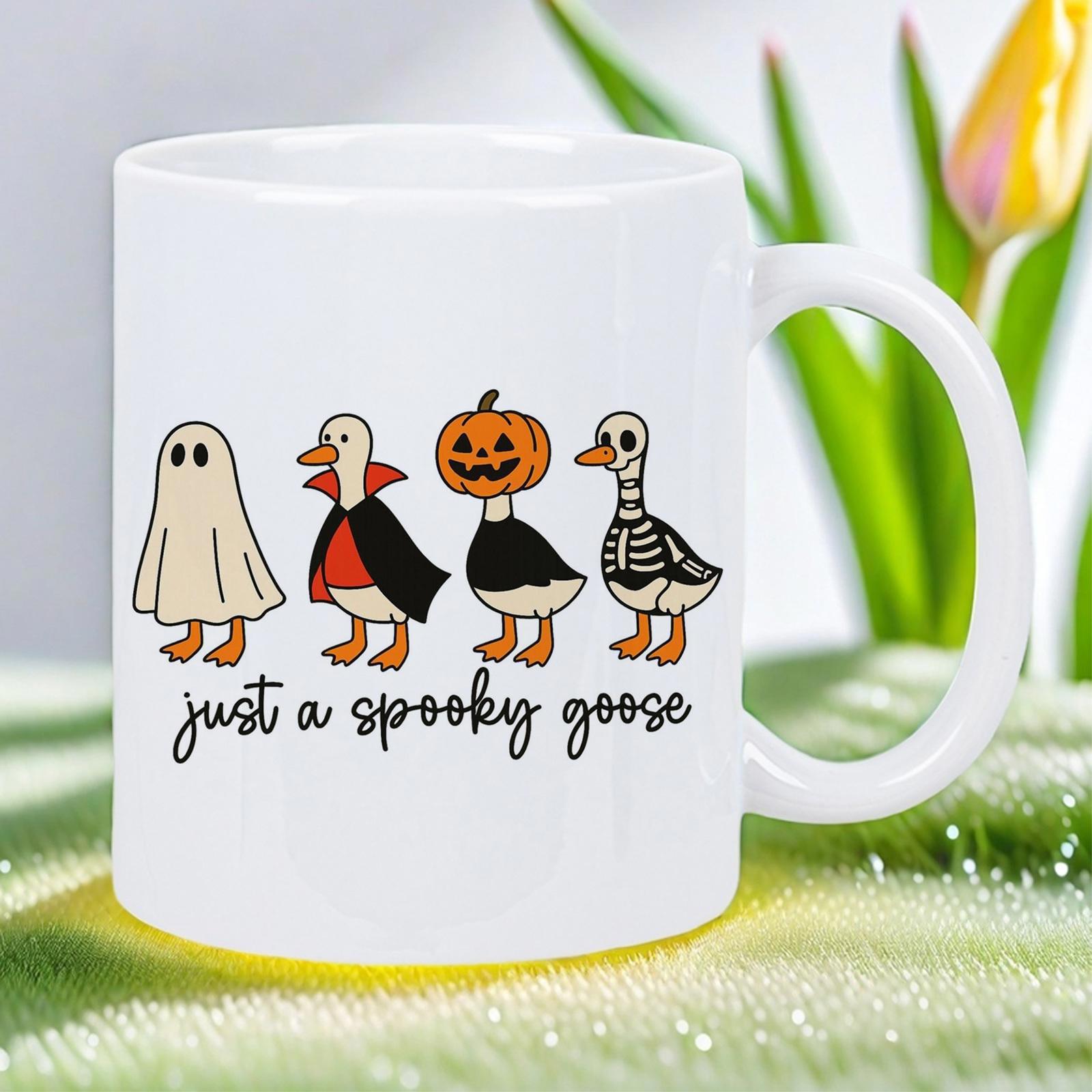 Tailorly White Ceramic 11 oz Mug - Just A Spooky Goose Funny Geese Dressed As Ghost Vampire Pumpkin And Skeleton For Halloween Goose
