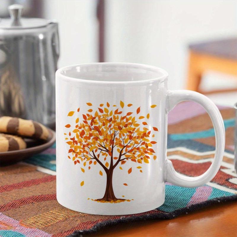 Tailorly White Ceramic 11 oz Mug - Golden Autumn Foliage With Falling Leaves Among Spreading Branches Tree