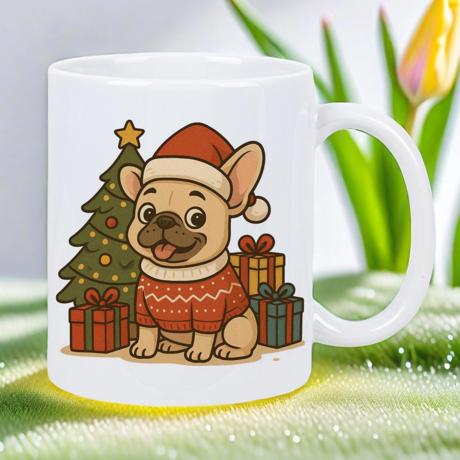 Tailorly White Ceramic 11 oz Mug - Adorable Festive Puppy Wearing Red Sweater Among Gift Boxes And Christmas Tree French Bulldog