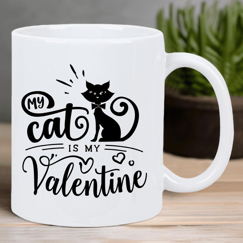 Tailorly White Ceramic 11 oz Mug - My Cat Is My Valentine Sleek Black Feline Wearing Dainty Bow Tie Amidst Playful Hearts And Sparkles Cat