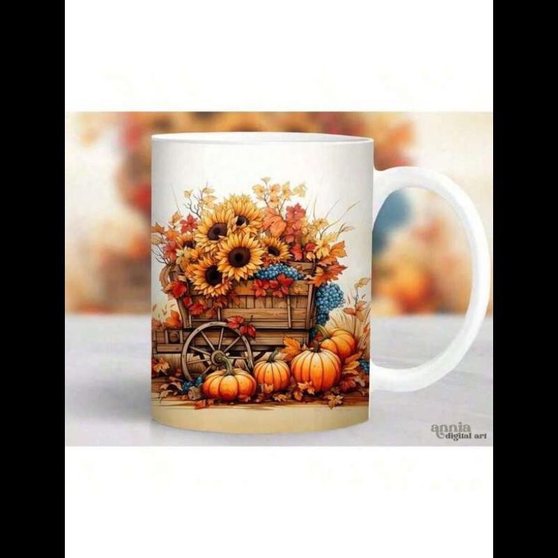 Tailorly White Ceramic 11 oz Mug - Rustic Wooden Cart Filled With Sunflowers And Autumn Pumpkins Wagon