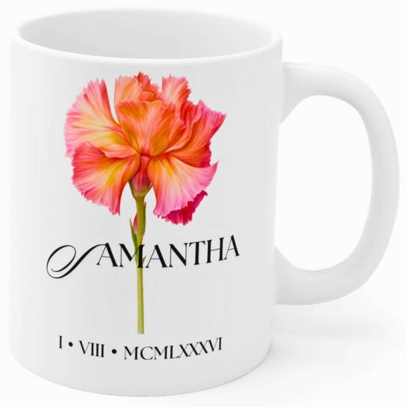 Tailorly White Ceramic 11 oz Mug - Samantha Vibrant Pink And Orange Blooming Petals With Elegant Stem And Personal Details Carnation