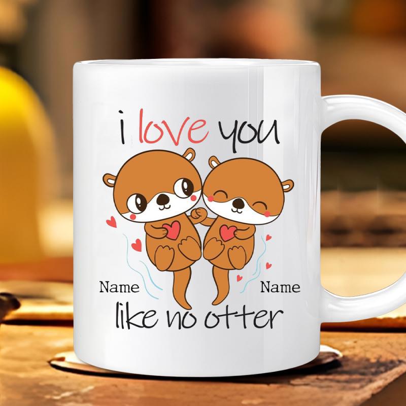 Tailorly White Ceramic 11 oz Mug - I Love You Like No Otter Two Cute Brown Animals Holding Small Red Hearts Floating In Water Otter