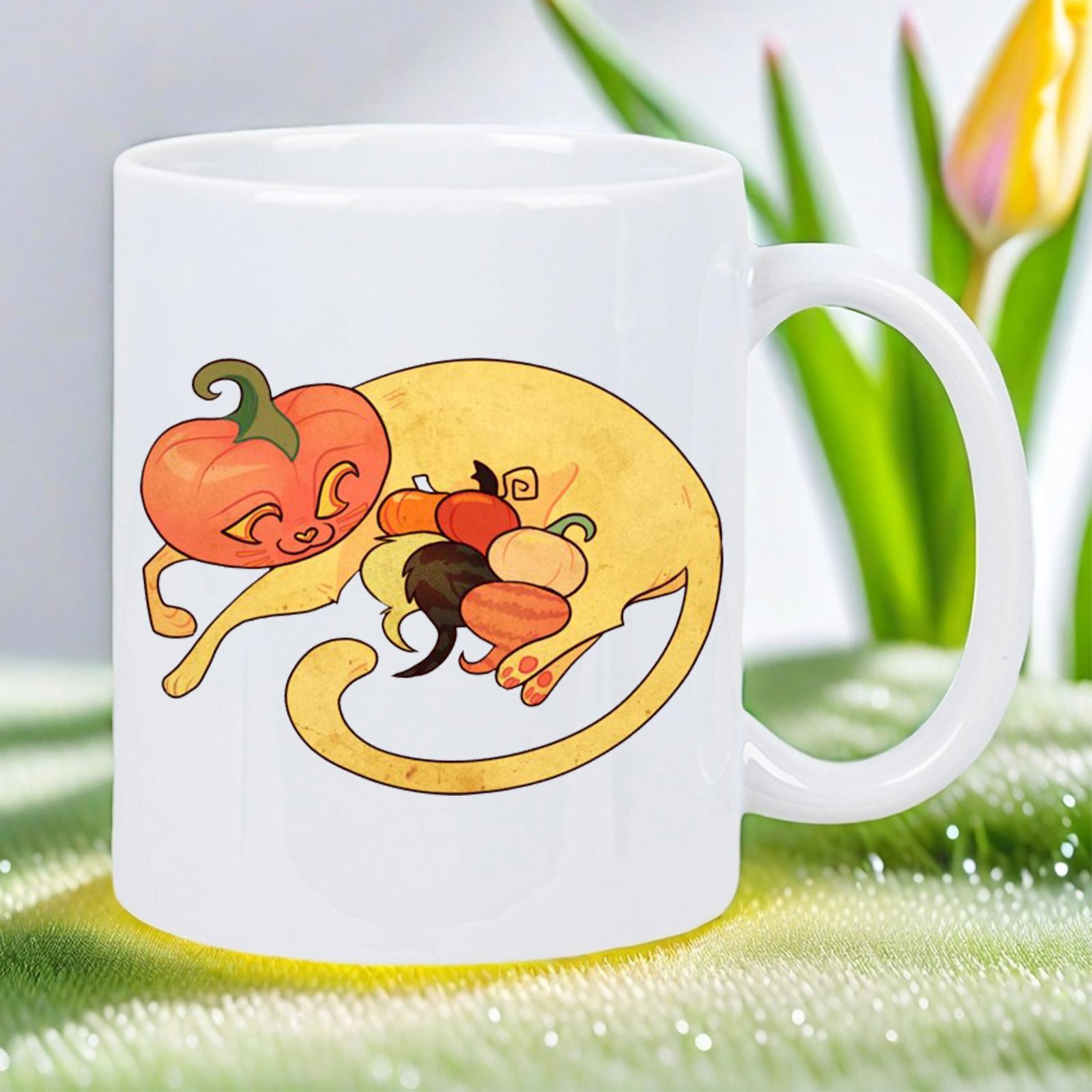 Tailorly White Ceramic 11 oz Mug - Stylized Yellow Feline With Carved Pumpkin Head And Miniature Gourds Cat