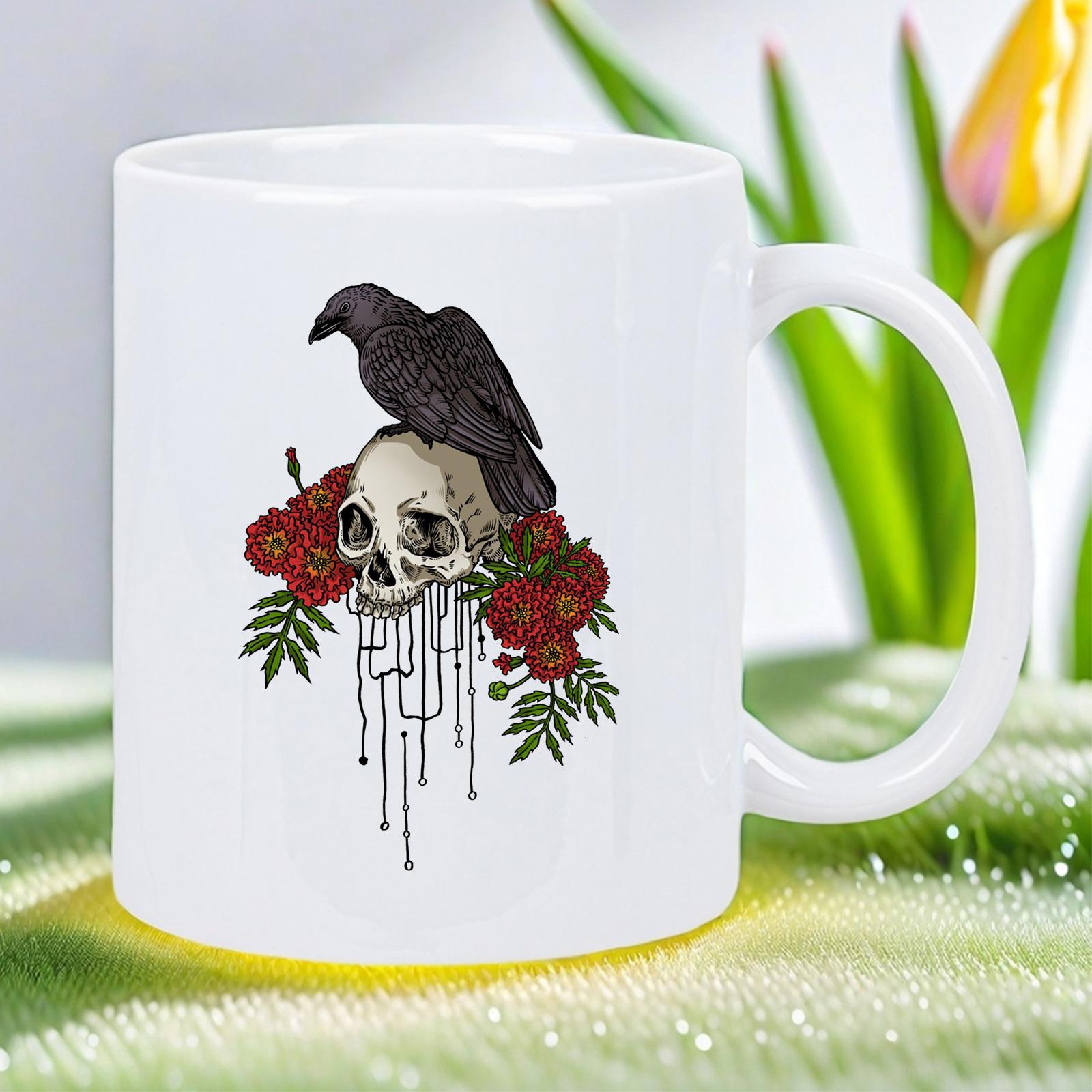 Tailorly White Ceramic 11 oz Mug - Dark Raven Perched Atop A Gothic Human Bone Surrounded By Roses Skull