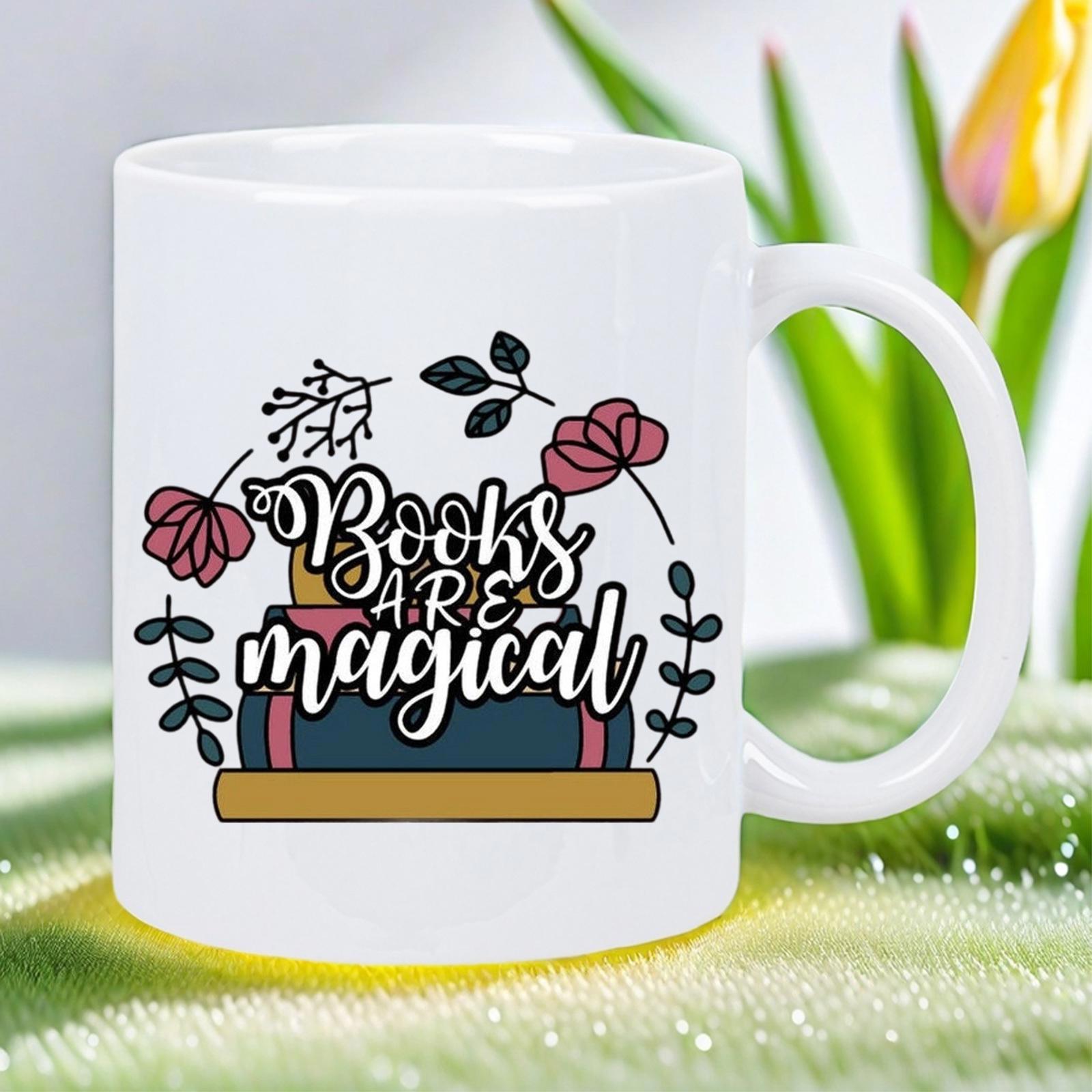 Tailorly White Ceramic 11 oz Mug - Books Are Magical Stacked Colorful Literature Surrounded By Delicate Pink Floral Vines And Leaves Book